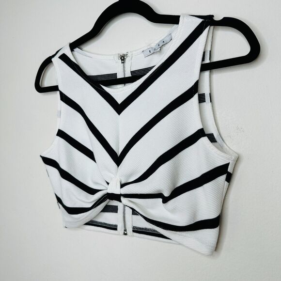 Ezra Black & White Striped Sleeveless V-Neck Crop Gathered Front Knot Back Zip S - Picture 4 of 13